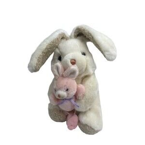VTG Chosun Momma & Baby Plush White Bunny Rabbit Holding Pink Baby Bunny Toy